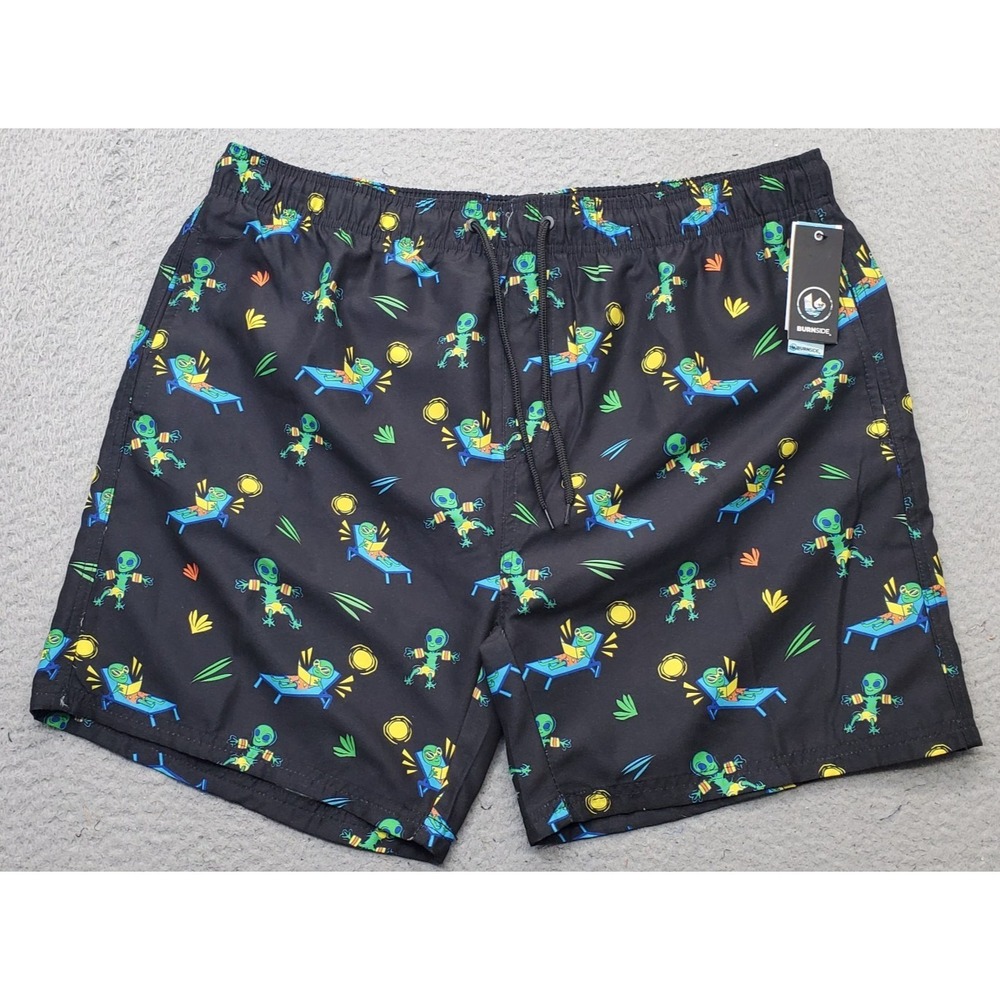 Burnside Animals Swim Trunk Shorts Mens XXL Multi Alien Print Stretch Drawstring